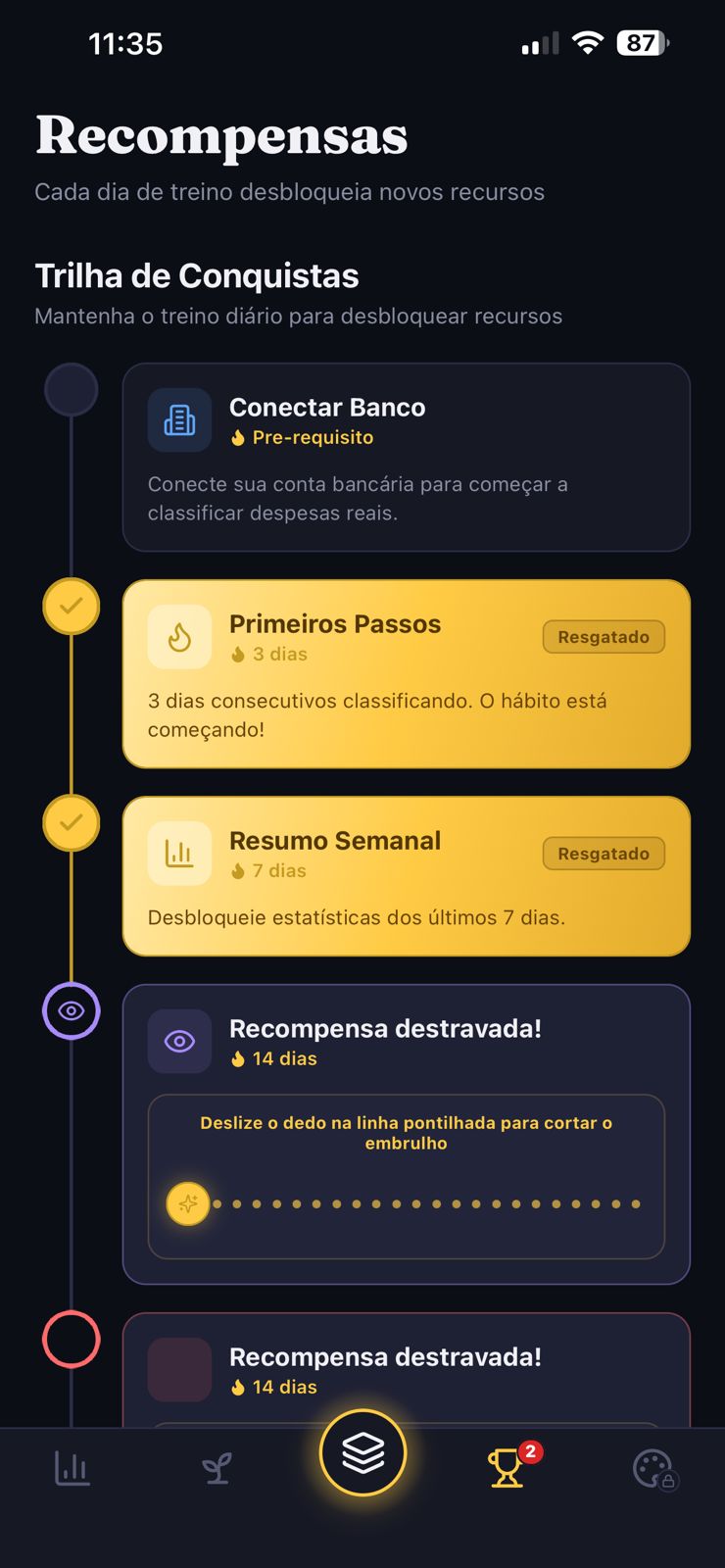 Trilha de conquistas e recompensas